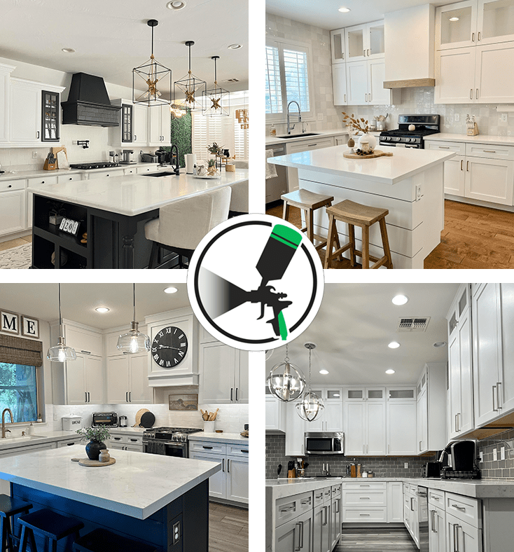 A collage of pictures of kitchens with white cabinets.