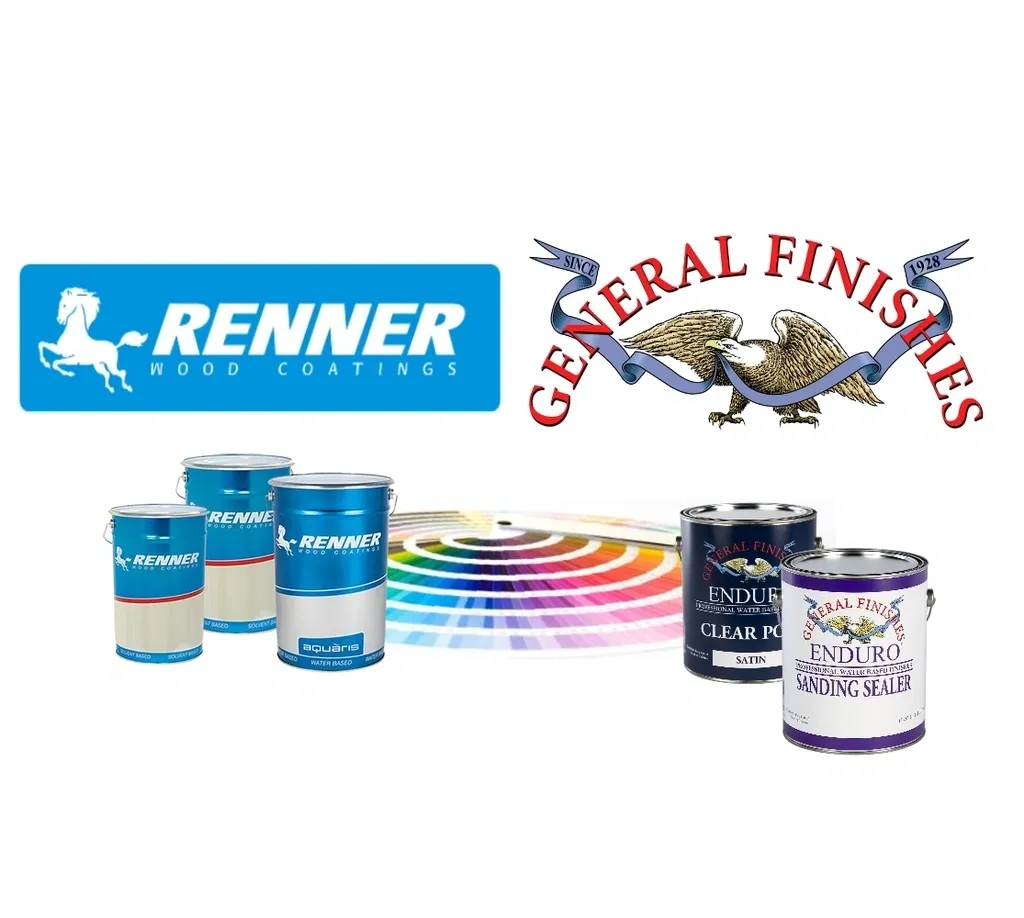 A group of paint cans and bottles with the names renner, general finishes, and the logo for the company.