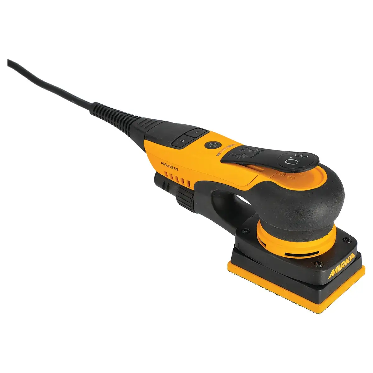 A black and yellow sander is on the floor