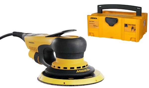 A yellow and black sander with a case