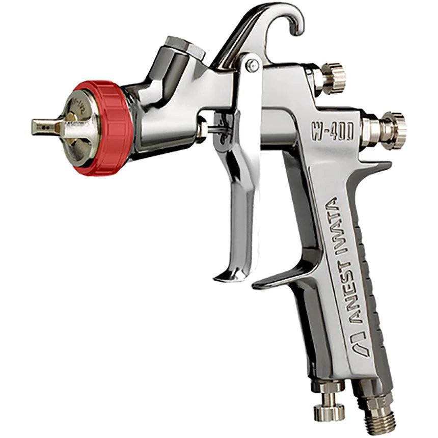 A spray gun with a red handle and a black cap.