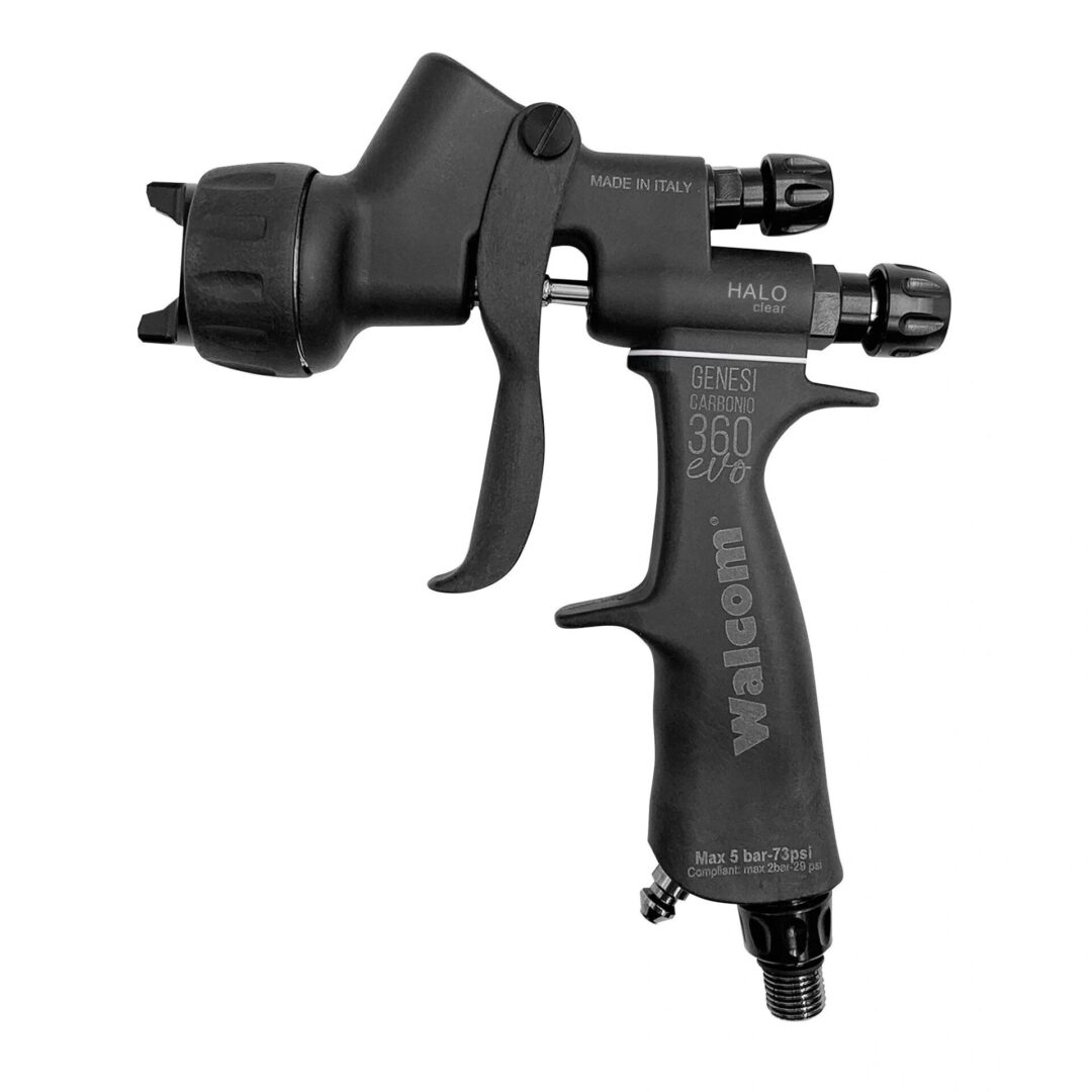 A spray gun with a black handle and a black nozzle.