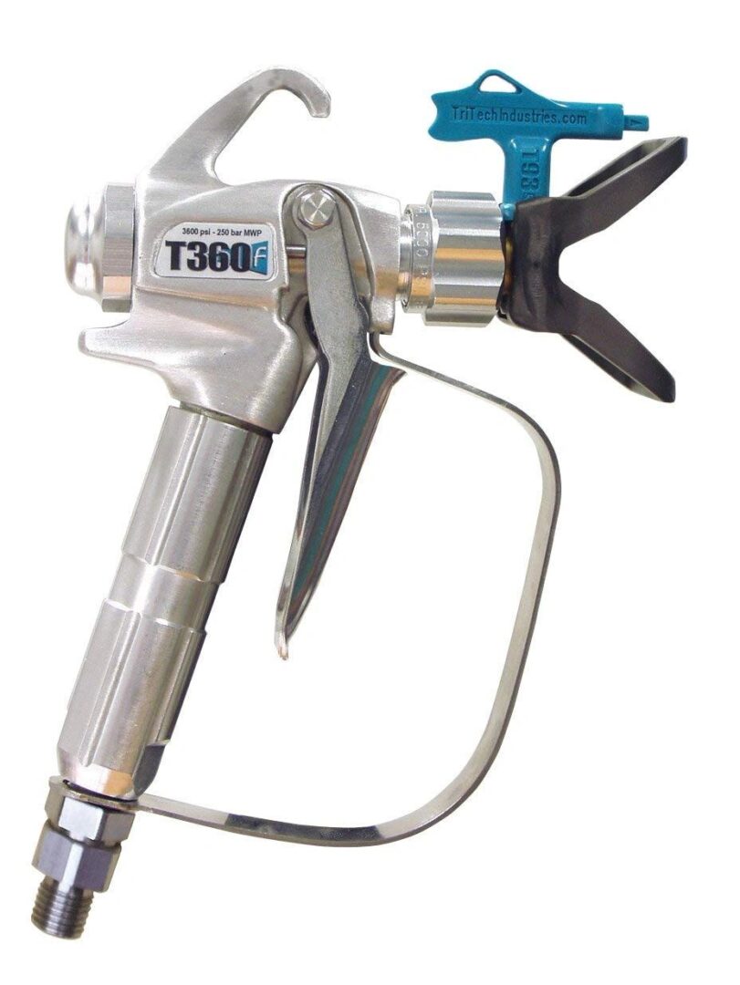 A spray gun with a blue handle and two nozzles.