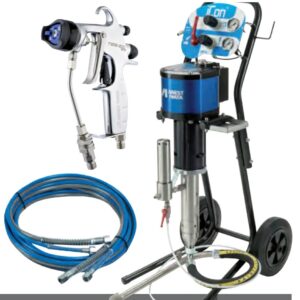 A blue and black cart with a hose, paint gun and spray unit.