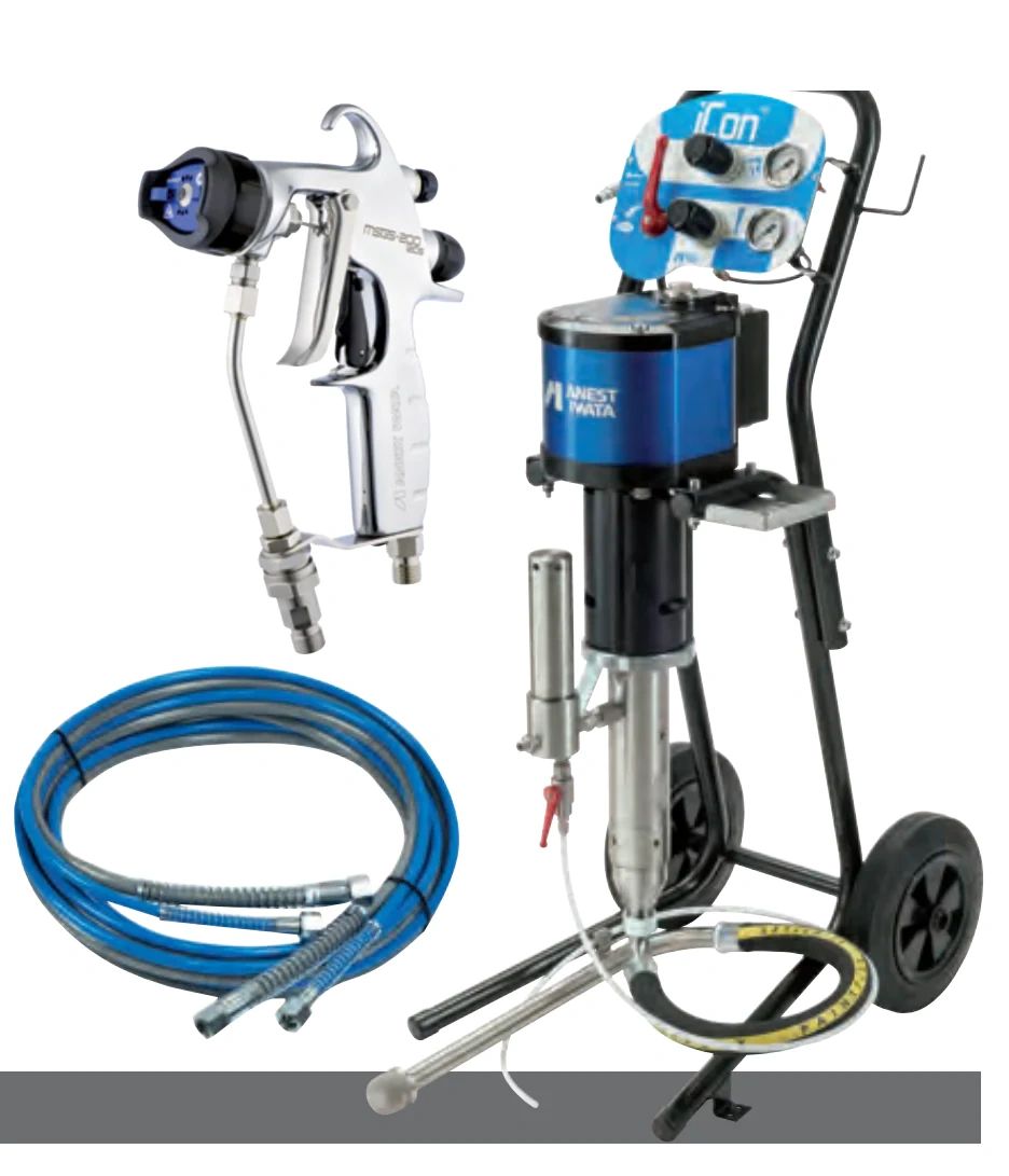 A blue and black cart with a hose, paint gun and spray unit.